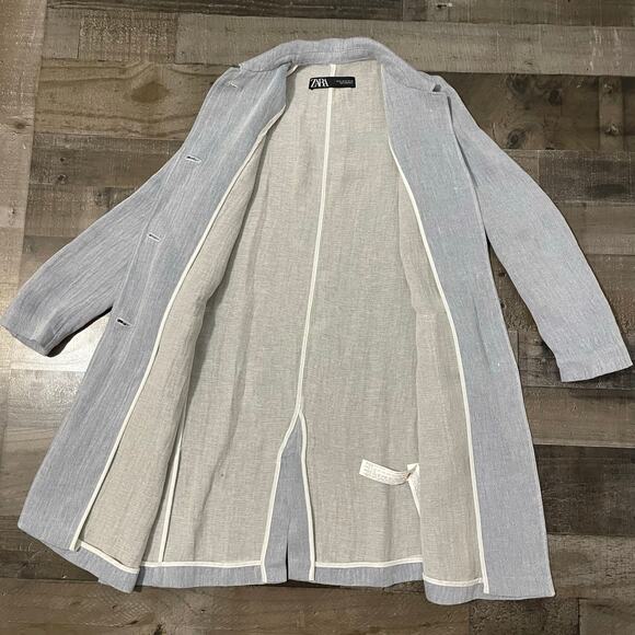 Zara Linen Duster Trench Coat Jacket Button Front Pockets Blue White Women’s S - Picture 12 of 16